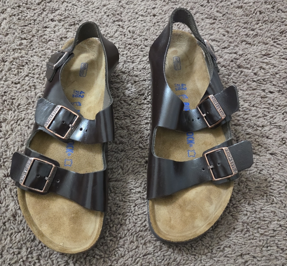 Birkenstock Men's Dark Brown Two-Strap Sandals with Buckles Size 42